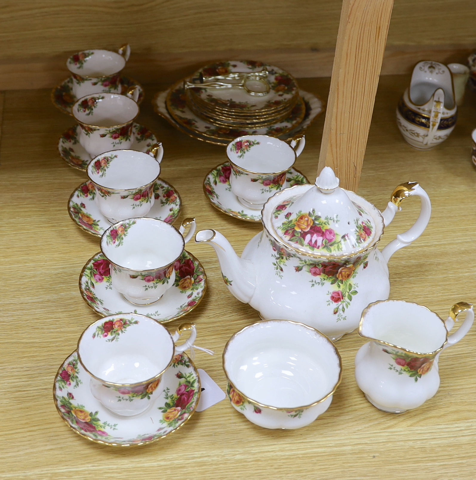 Royal Albert Old Country Roses part tea set including six trios, teapot milk jug and sugar bowl, largest 26cm wide